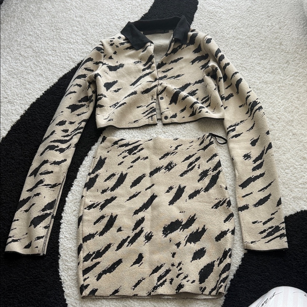 Beige and Black Abstract Print Knit Two-Piece Set - Women